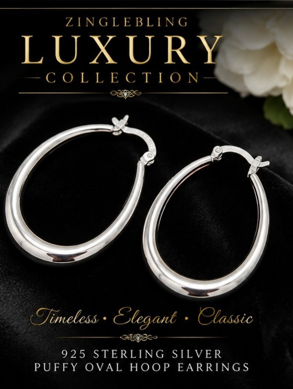 925 Sterling Silver Puffy Oval Hoop Earrings High Polish NWT